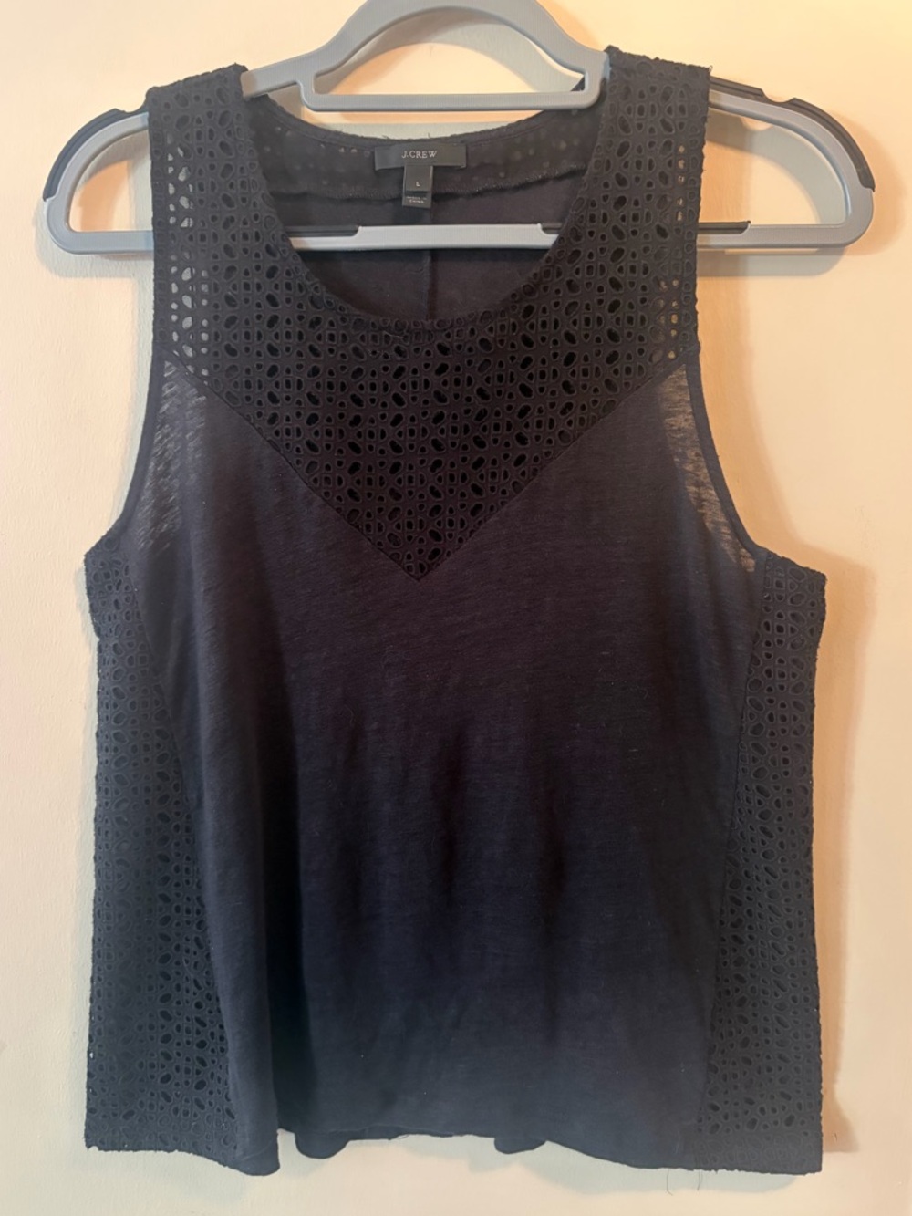 J. Crew Black Eyelet-Trim Linen Sleeveless Top, Size Large, 25" Long